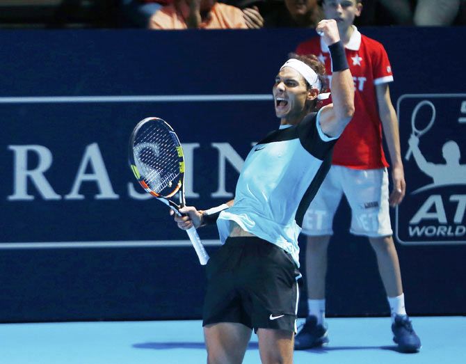 Rafael Nadal of Spain reacts after winning his match against Czech Republic's Lukas Rosol at the Swiss Indoors ATP men's tennis tournament in Basel on Monday