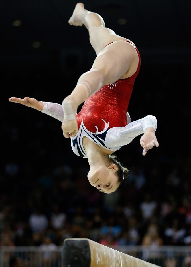 United States’s Megan Skaggs competes on the uneven bars 