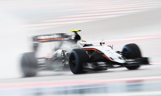 Force India's Mexican driver Sergio Perez drives at the United States F1 Grand Prix