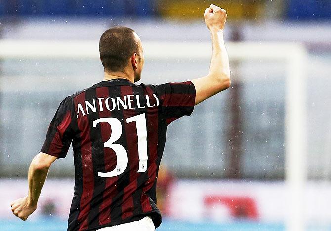 AC Milan's Luca Antonelli celebrates after scoring against Chievo Verona during their Italian Serie A match at San Siro stadium in Milan on Wednesday