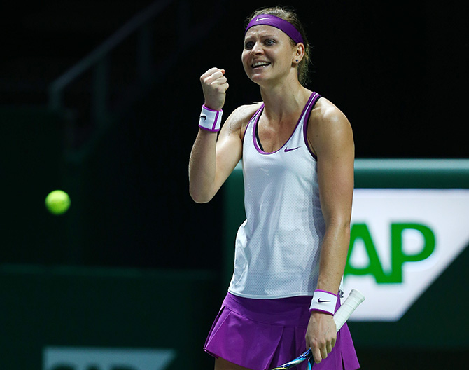 Lucie Safarova of Czech Republic celebrates match point 