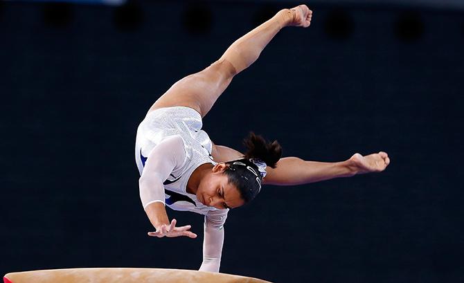 Dipa Karmakar of India performs during the women's gymnastics vault apparatus final 