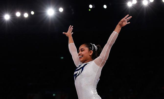 India's Dipa Karmakar reacts after a successful vault