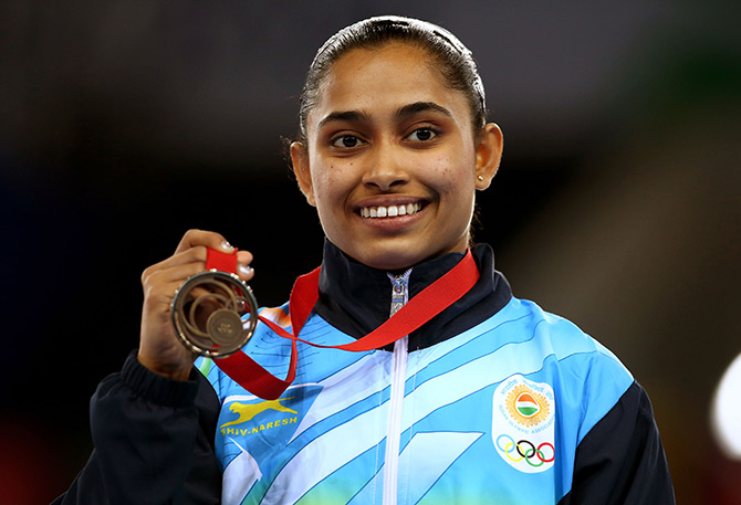 Bronze medallist Dipa Karmakar of India poses during the medal ceremony for the Women's Vault Final during the Glasgow Commonwealth Games