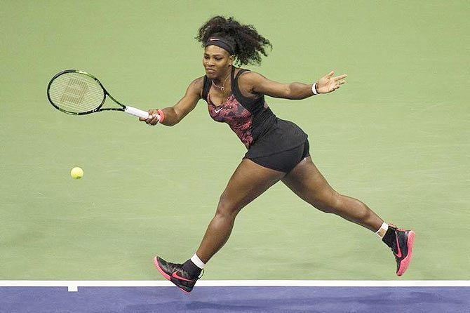 USA's Serena Williams hits a return to Russia's Vitalia Diatchenko during their first round match at the US Open tennis championships at the Flushing Meadows in New York on Monday