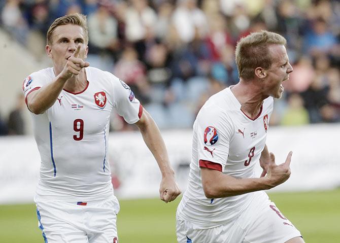 Czech Republic's David Limbersky (right) and Borek Dockal celebrate after scoring against Latvia at the Skonto stadium in Riga, Latvia