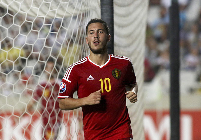Belgium's Eden Hazard celebrates after scoring against Cyprus