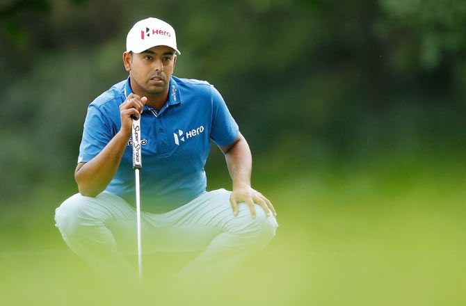 Anirban Lahiri of India reads a putt on the eighth green during the second round of the Web.com Tour Hotel Fitness Championship at Sycamore Hills Golf Club in Ft. Wyane, Indiana on Friday