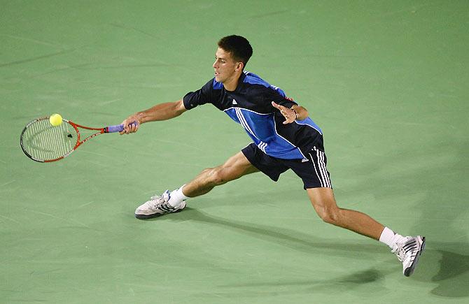 Novak Djokovic in action against Marat Safin during day one of the Australian Open Grand Slam at Melbourne Park on January 17, 2005