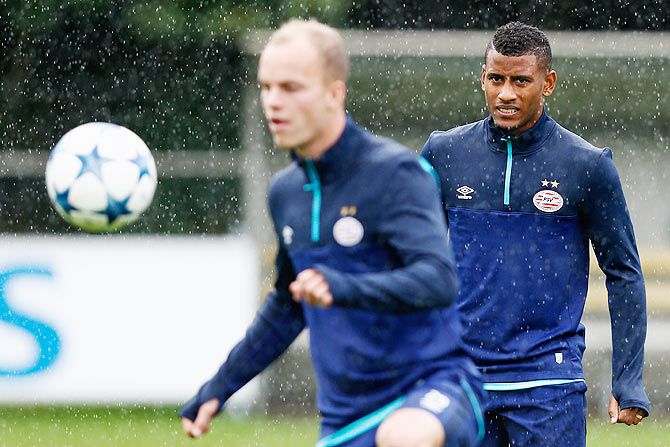 PSV's Luciano Narsingh looks on a training session at De Herdgang on Monday
