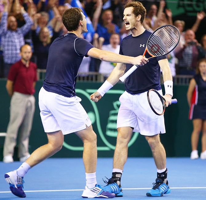 Great Britain's Jamie Murray, left, and Andy Murray