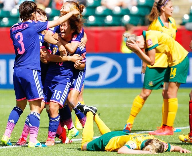  Mana Iwabuchi of Japan celebrates scoring a goal against Australia