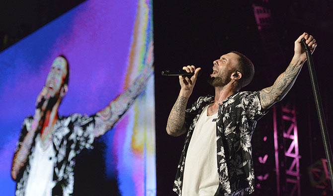 American pop-rock band Maroon 5 performs on the Padang Stage in Zone 4 at Marina Bay Street Circuit, during the Singapore F1 Grand Prix on Saturday, September 19