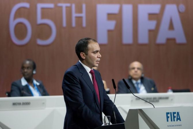 Jordanian Prince Ali bin al Hussein gives a speech during the 65th FIFA Congress