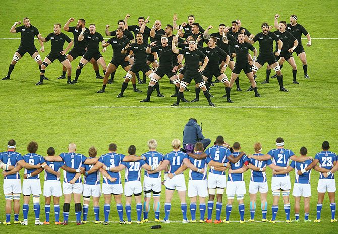 The All Blacks perform the Haka during the 2015 Rugby World Cup Pool C match between New Zealand and Namibia at the Olympic Stadium in London, United Kingdom on Friday