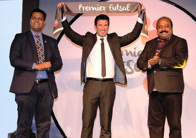 Luis Figo at the launch of Premier Futsal in Mumbai on Tuesday, April 5, 2016