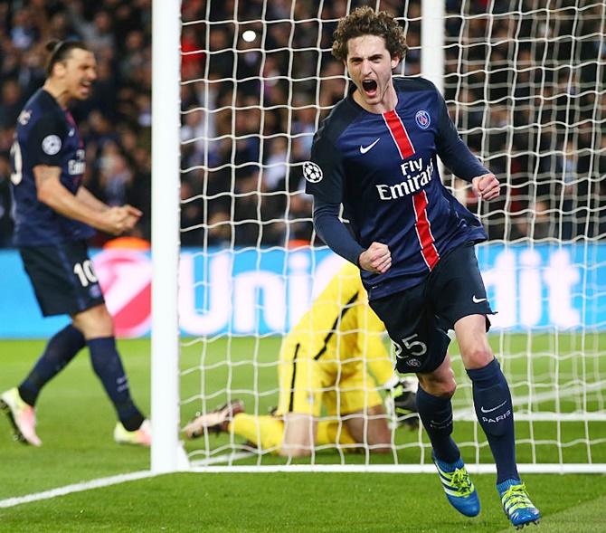 Paris Saint-Germain’s Adrien Rabiot celebrates scoring his team's second goal during the UEFA Champions League quarter-final, first Leg match against Manchester City, in Paris on Wednesday, April 6