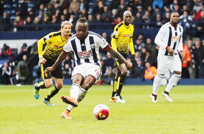 West Brom's Saido Berahino has second penalty saved by Watford's 'keeper Heurelho Gomes during their match at the Hawthorns