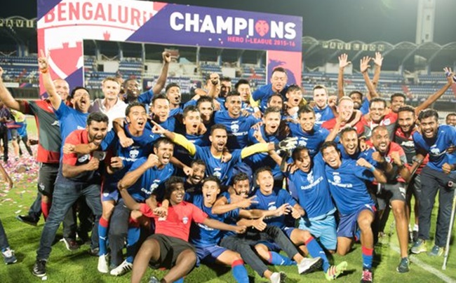 Bengaluru FC players celebrate I-League football champions for the second time in three years