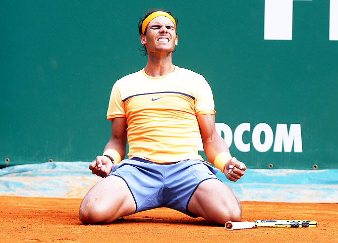 Spain's Rafael Nadal celebrates after beating Gael Monfils to win the Monte Carlo Masters on Sunday