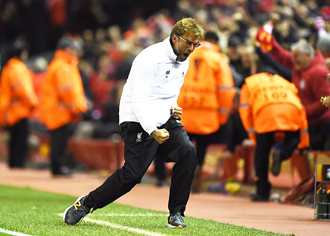 Liverpool's manager Jurgen Klopp celebrates during the UEFA Europa League quarter-final, second leg match against Borussia Dortmund at Anfield in Liverpool, on Thursday, April 14