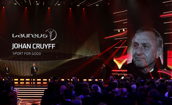 Jordi Cruyff speaks on the stage after accepting the Laureus Spirit of Sport Award on behalf of his late father and Dutch football legend Johan Cruyff