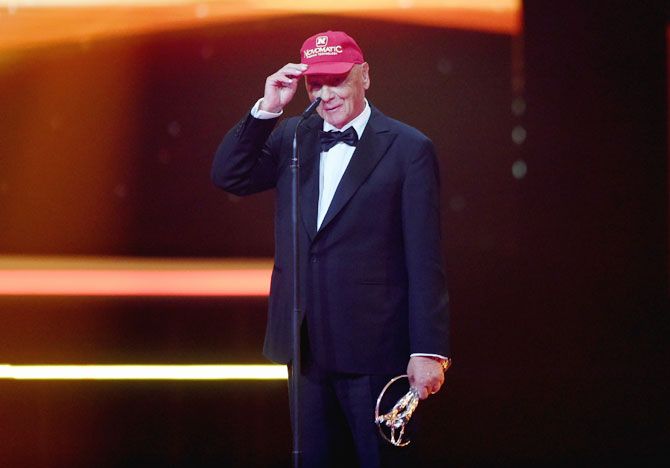Niki Lauda, Mercedes-Benz Motorsport Non-Executive Chairman acknowledges the audience on recieving the Laureus Lifetime Achievement Award