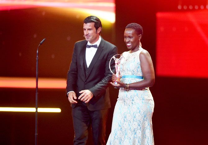 Rachel Muthoga from the project 'Moving The Goalposts' accepts the Laureus Sport for Good Award
