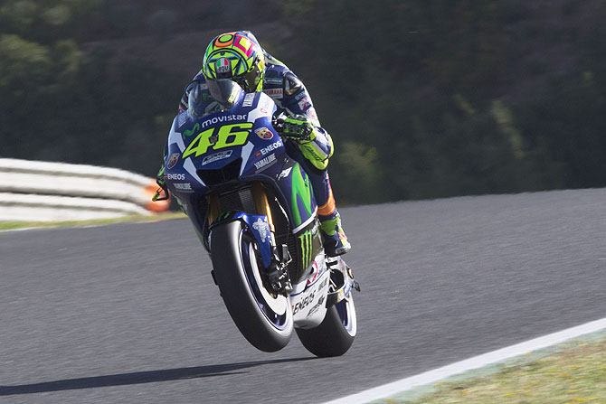 Italy and Movistar Yamaha MotoGP's Valentino Rossi lifts the front wheel during the MotoGp of Spain - Free Practice at Circuito de Jerez in Jerez de la Frontera, Spain, on Friday