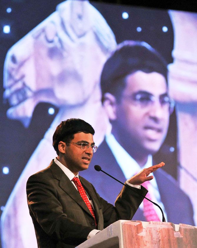 Former World Chess Champion Grand Master Viswanathan Anand speaks at a felicitation function in Kolkata on Sunday