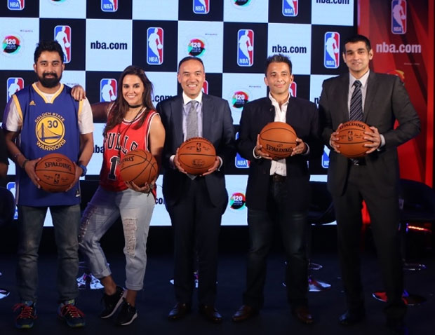 VJ Ranvijay Singh, Actor Neha Dhupia, NBA Deputy Commissioner Mark Tatum, The 120 Media Collective Founder & CEO Roopak Saluja and NBA India Managing Director Yannick Colaco at the NBA.com launch in Mumbai on Wednesday