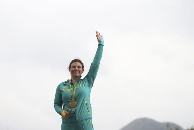 Catherine Skinner of Australia celebrates after winning the gold medal