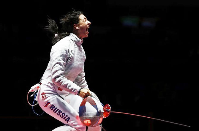 women's sabre fencing individual gold medal bout at Carioca Arena 3 on Monday