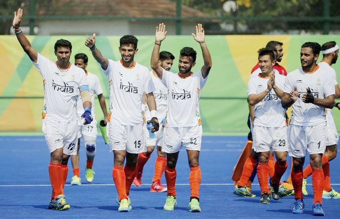  India hockey players celebrate their win over Argentina on Tuesday