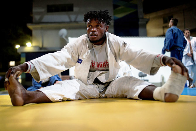 Refugee and judo athlete Popole Misenga to Democratic Republic of Congo looks on during a training session