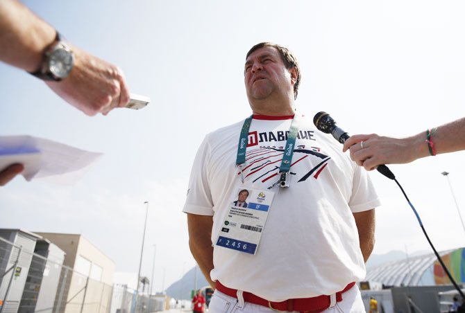 Vladimir Salnikov, four-times Olympic gold medallist and president of the Russian Swimming Federation, gives a press conference in Rio de Janeiro on Tuesday