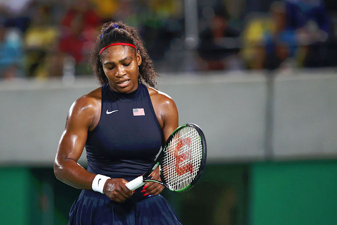 Serena Williams of the United States reacts during her women's singles third round match against Elina Svitolina of Ukraine on Day 4 of the Rio 2016 Olympic Games at the Olympic Tennis Centre in Rio de Janeiro on Tuesday