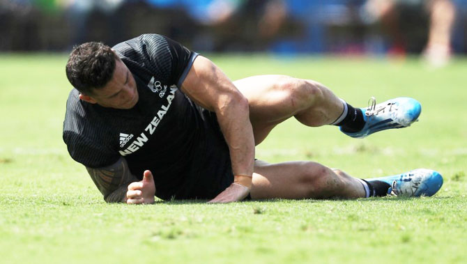 New Zealand's Sonny Bill Williams reacts after suffering an injury during the game
