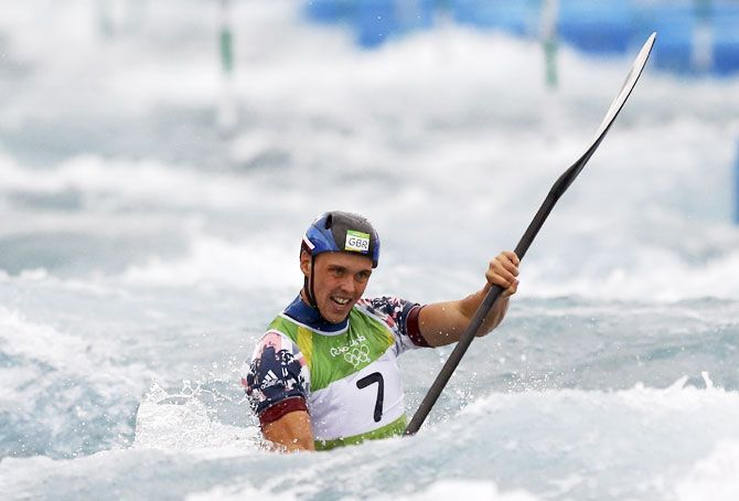 Joseph Clarke (GBR) of United Kingdom competes in the Men's Kayak (K1) semi-final at Whitewater Stadium on Wednesday
