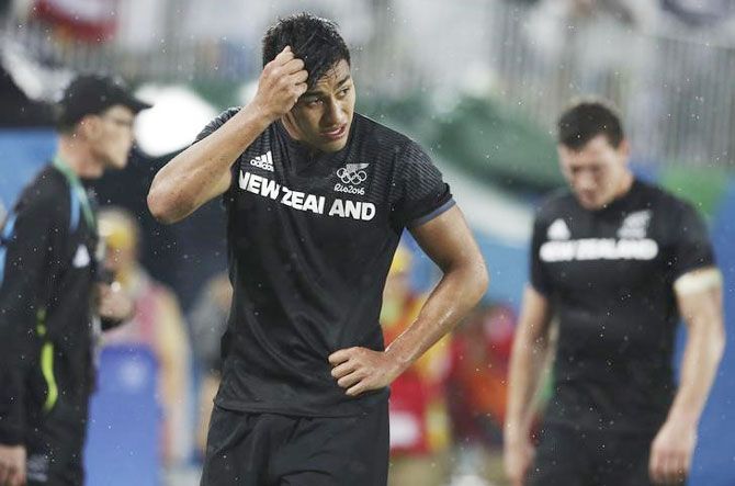 New Zealand's Rieko Ioane reacts after their loss to Fiji in the Rugby men's quarter-final at the Deodoro Stadium in Rio de Janeiro on Wednesday