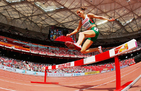 Silvia Danekova of Bulgaria competes in the Women's 3000 metres steeplechase event