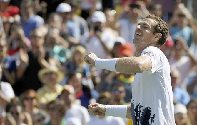 Britain's Andy Murray celebrates after winning match against Japan's Kei Nishikori in Men's Singles semi-final at the Olympic Tennis Centre in Rio de Janeiro on Saturday