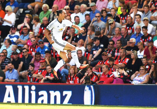 Manchester United's Zlatan Ibrahimovic celebrates scoring his team's third goal during their Premier League match against AFC Bournemouth at Vitality Stadium in Bournemouth on Sunday