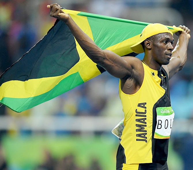 Usain Bolt of Jamaica celebrates winning the Men's 100 meter final on Day 9 of the Rio 2016 Olympic Games