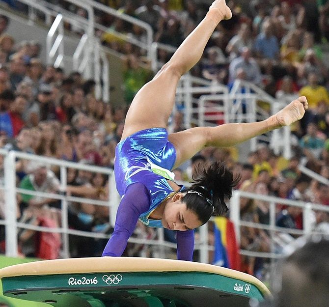 The one bright light in India's Olympic campaign. Gymnast Dipa Karmakar missed a bronze medal by 0.15 points. Here she is, competing in the competes in the Vault in Rio. Photograph: Mike Blake/Reuters