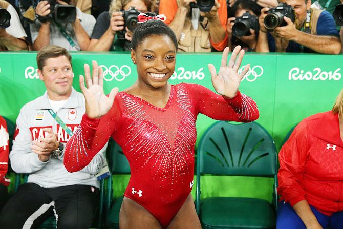 Simone Biles of the United States celebrates winning the gold medal in the Women's Vault Final on Day 9 of the Rio 2016 Olympic Games at the Rio Olympic Arena on Sunday