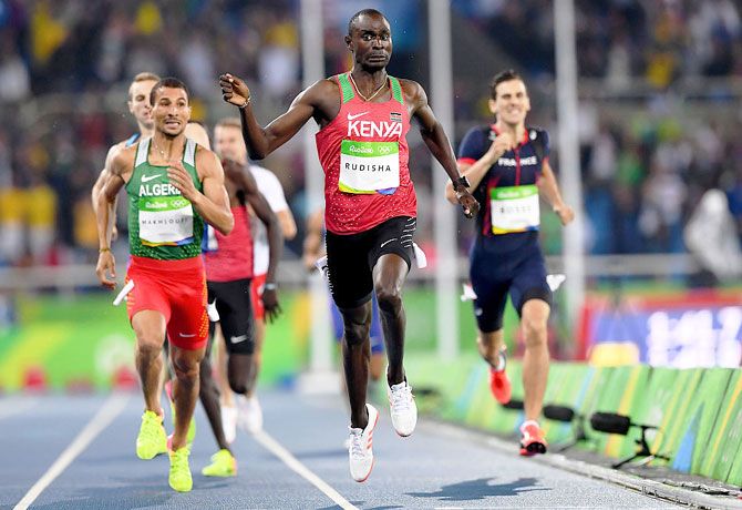 Kenya's David Lekuta Rudisha reacts as he wins the Men's 800m Final at the Rio 2016 Olympic Games at the Olympic Stadium in Rio de Janeiro on Monday