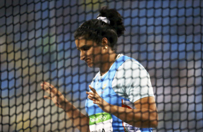 Seema Punia of India reacts during the Women's Discus Throw Group B Qualifying Round at the Rio Olympics on Monday