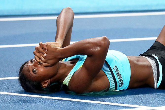Shaunae Miller of the Bahamas reacts after winning the gold medal in the Women's 400m Final on Monday