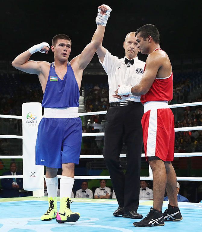 Uzbekistan's Bektemir Melikuziev celebrates winning his bout against India's Vikas Krishan in the men's middleweight 75kg at the Riocentro in Rio de Janeiro, August 15, 2016. Photograph: Julian Finney/Getty Images